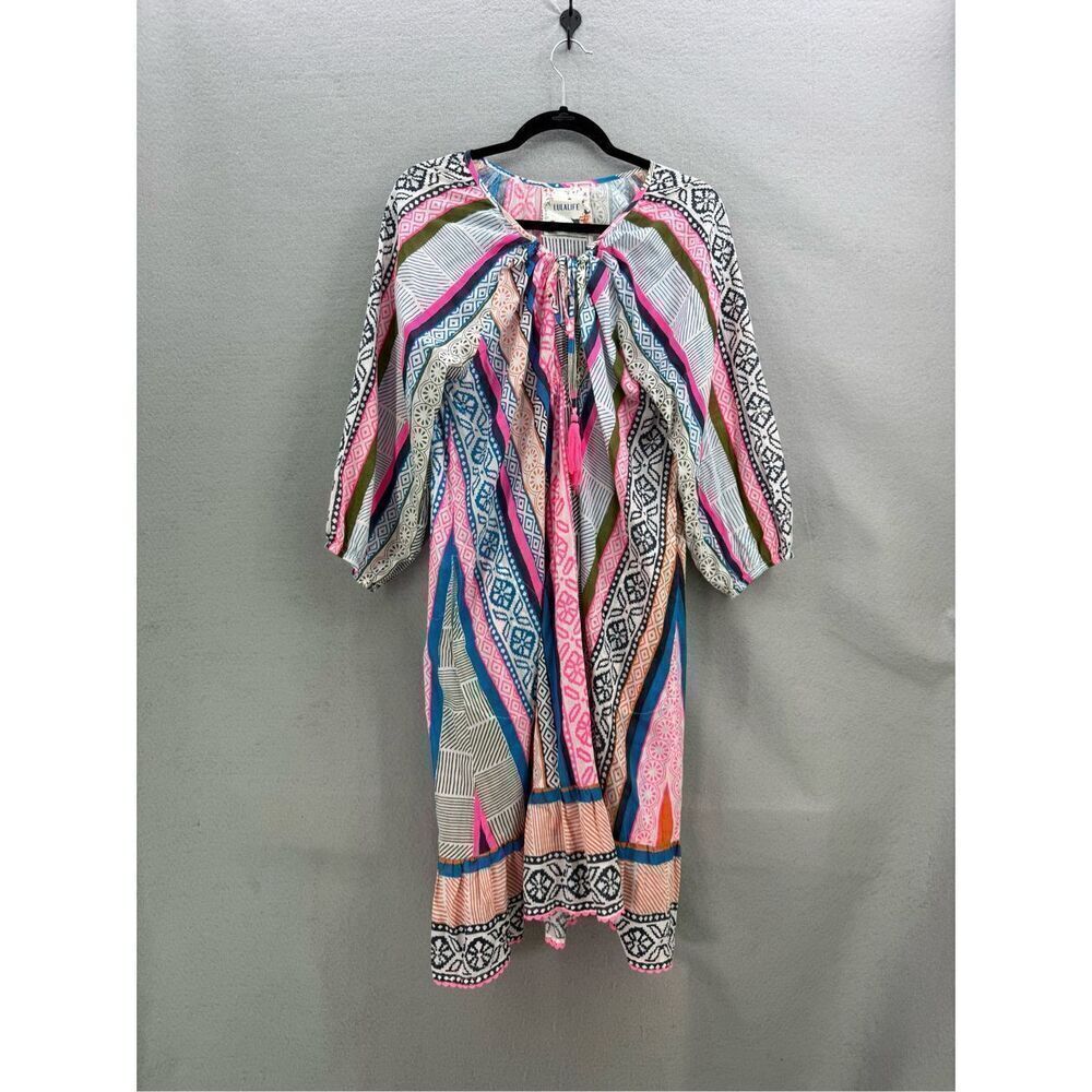 Lulalife Women Multicolor Light Cotton Striped Abstract Shirred Midi Dress Large